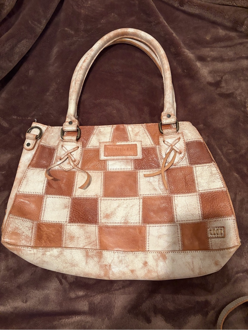 Bed Stu Patchwork Leather Tote in Tan and Cream